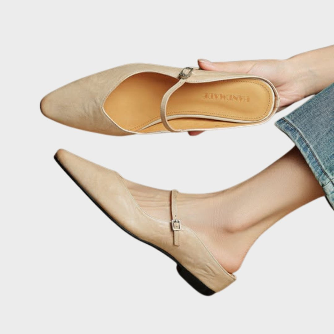 beige leather Mary Jane mule flat with pointed toe and buckle strap
