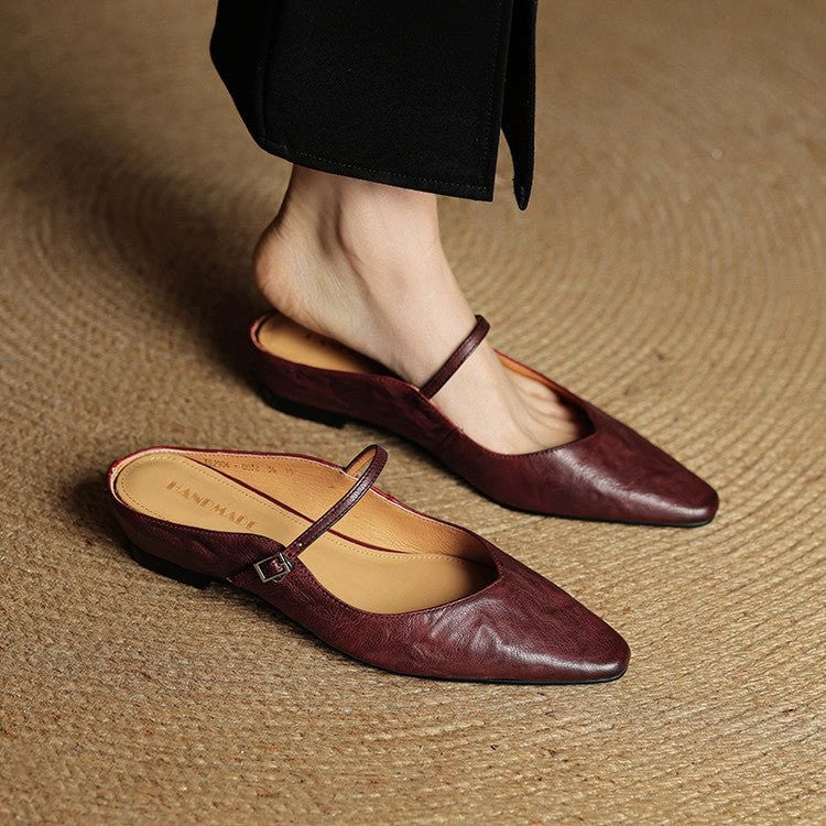 burgundy leather pointed-toe mule flats with Mary Jane strap on model