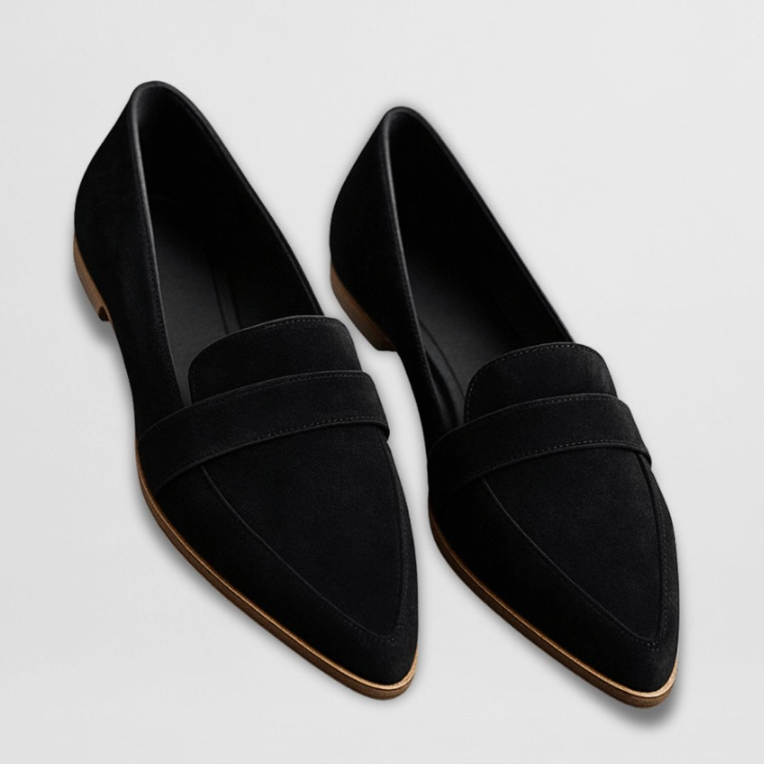 black suede pointed-toe loafers with penny strap, top view pair