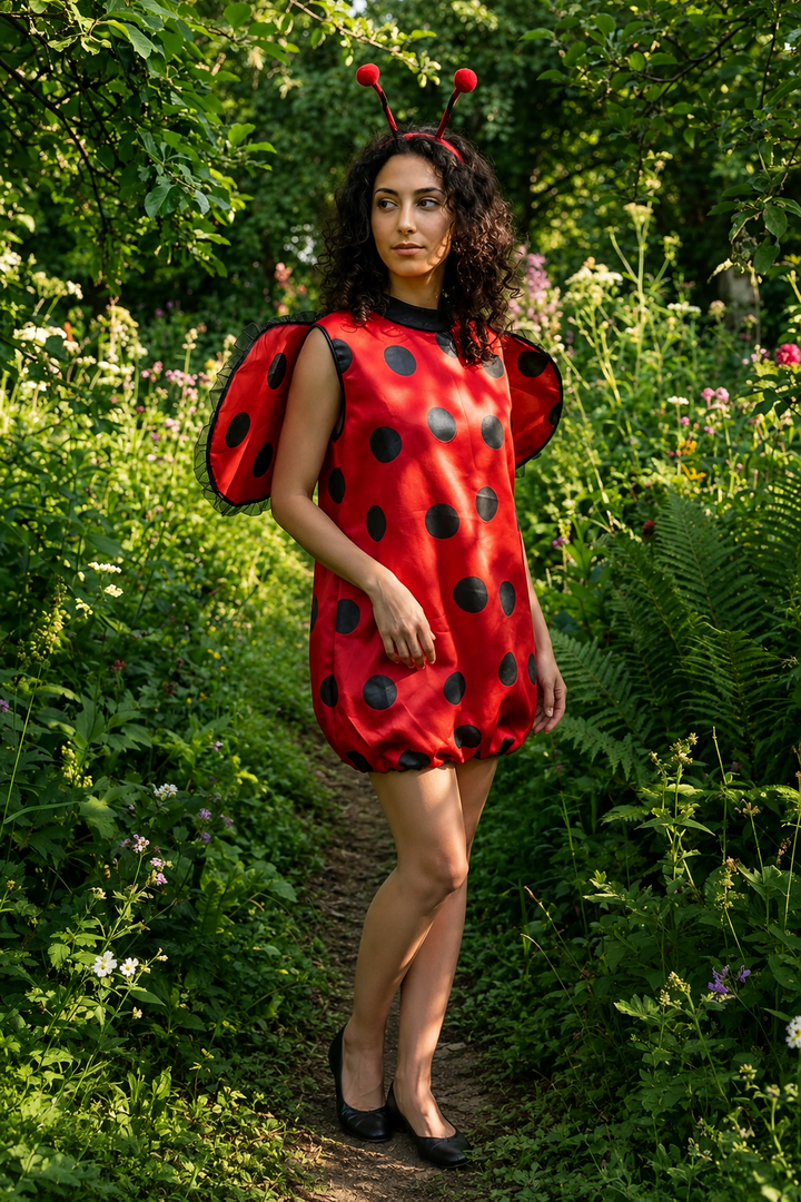 Woman wearing red ladybug costume with black polka dots and antenna headband outdoors