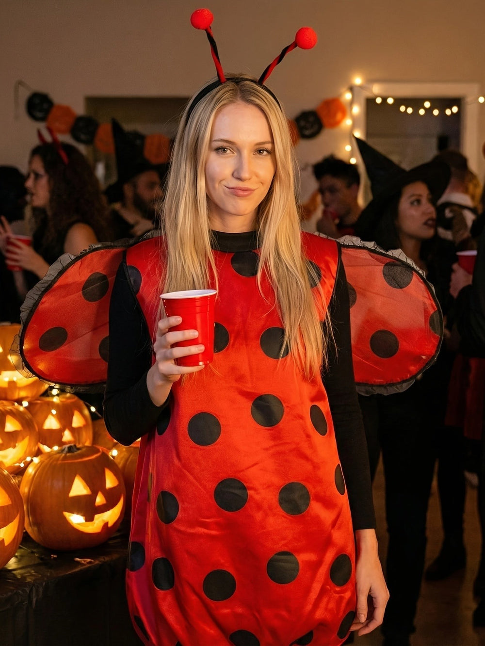 Blonde woman in red and black ladybug costume with wings at Halloween party