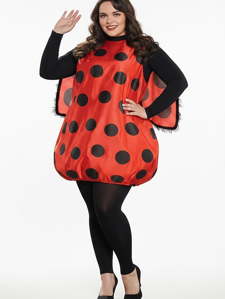 Plus size ladybug costume with polka dot tunic and sheer wings, model waving
