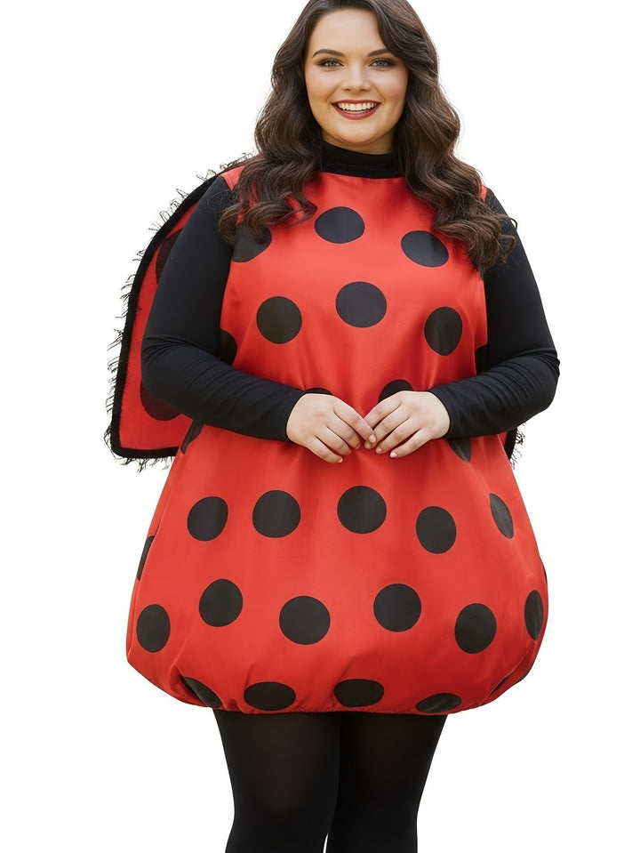 Front view of red polka dot ladybug costume with black trim wings on plus size model