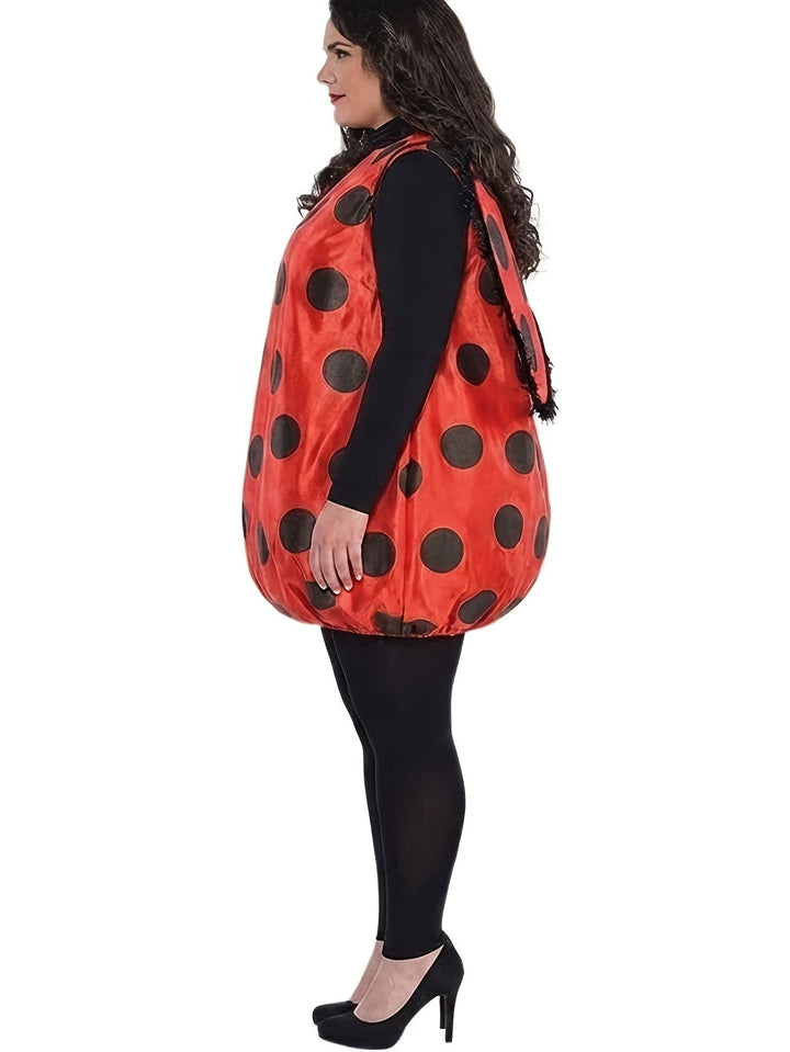 Side profile of red and black polka dot ladybug tunic costume with attached wings