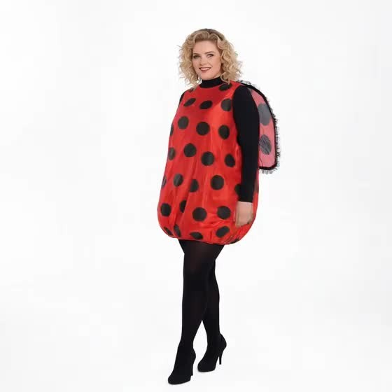 Blonde model showcasing red ladybug costume with black spotted wings and tunic