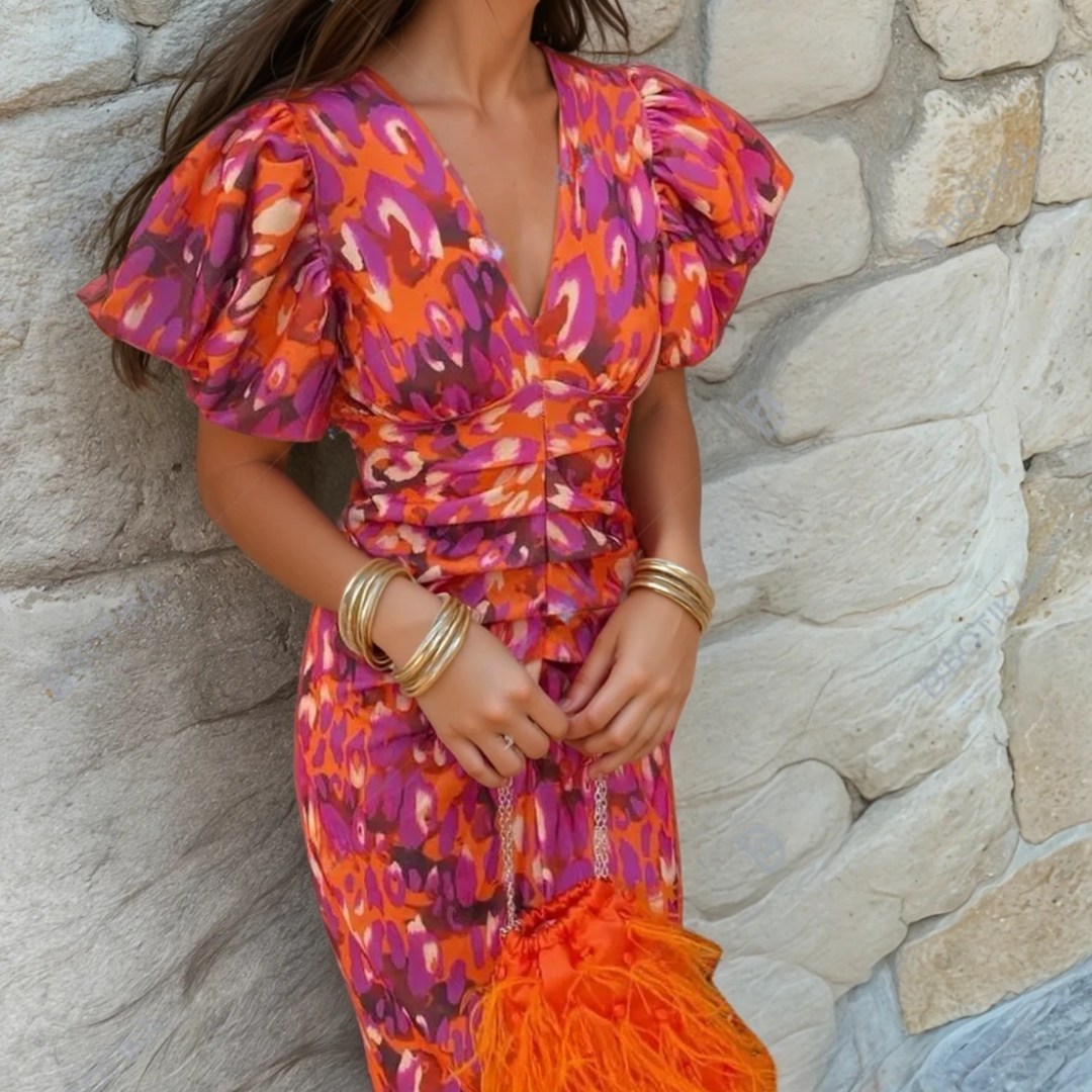 Orange and purple abstract-print midi dress with puff sleeves and V-neck