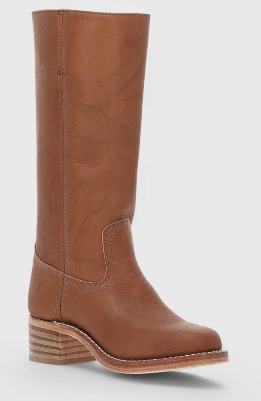 Front angle of cognac leather knee-high boot with square toe design
