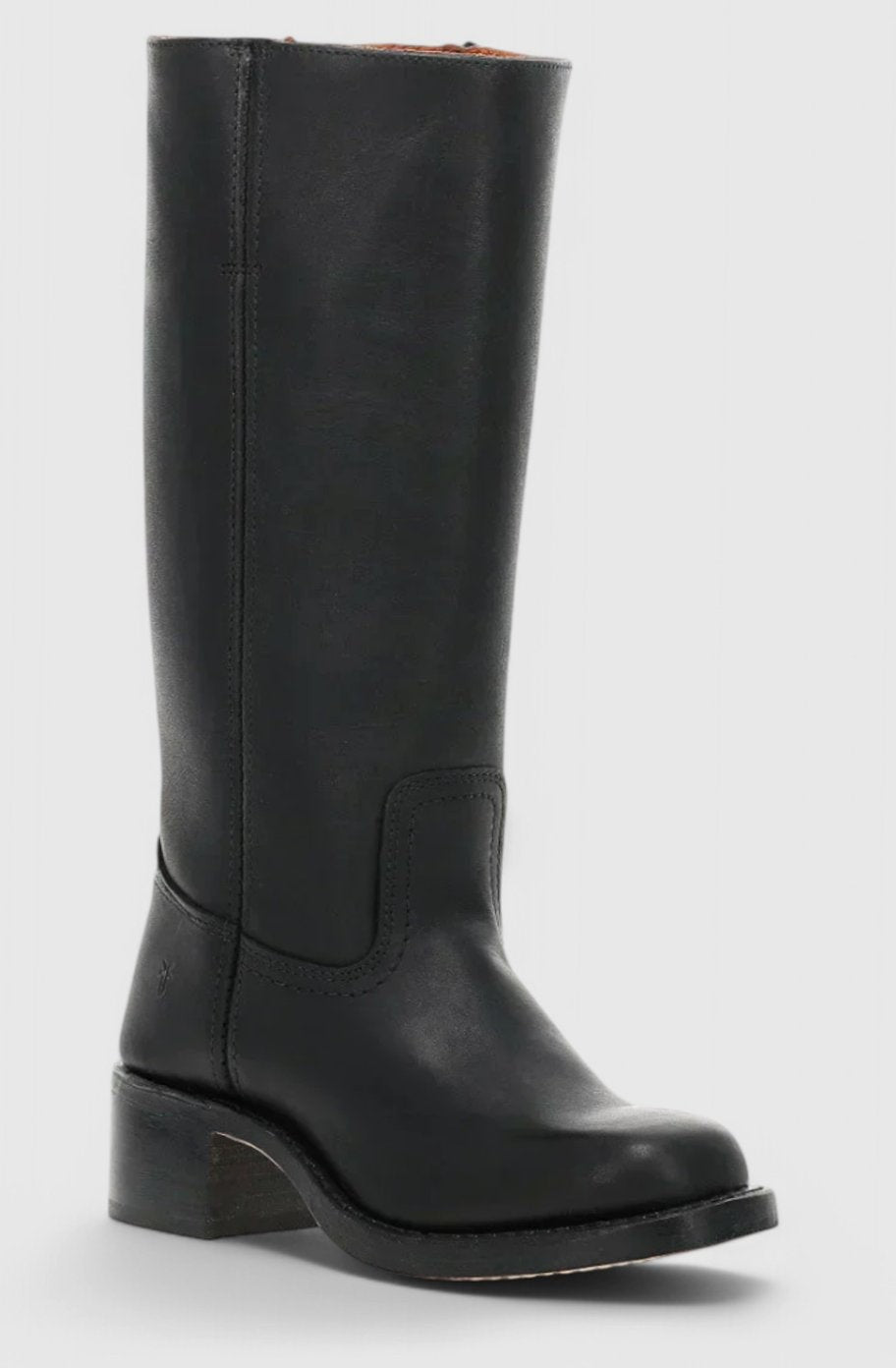 Black leather knee-high boot with square toe and stacked wooden heel