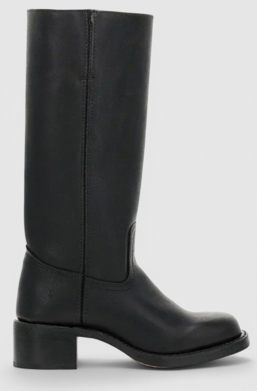 Side view of black leather knee-high boot with stacked heel design