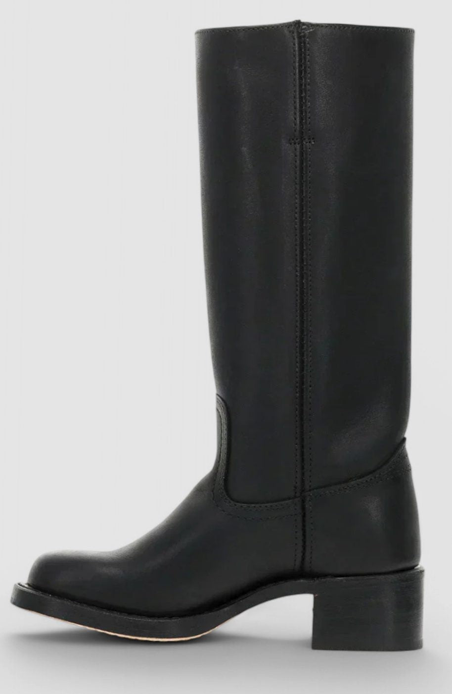 Front view of camel leather knee-high boot with square toe stitching