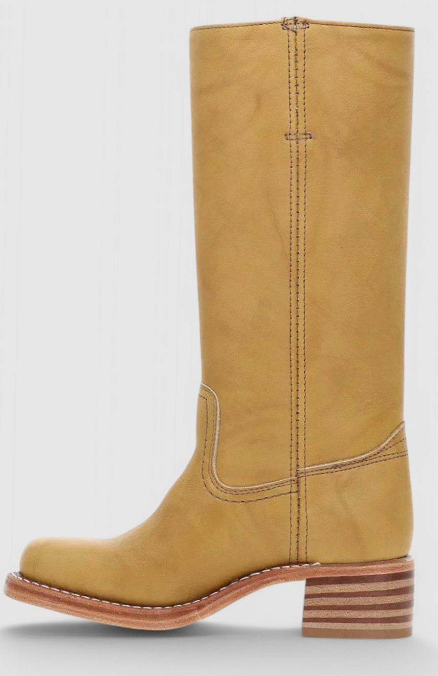 Front angle view of dark brown leather knee-high boot with square toe