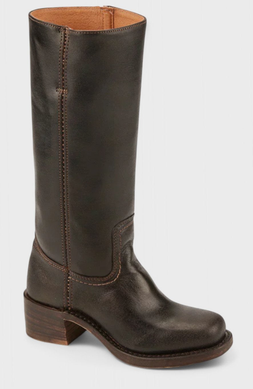 Side view of espresso brown leather knee-high boot with stacked heel