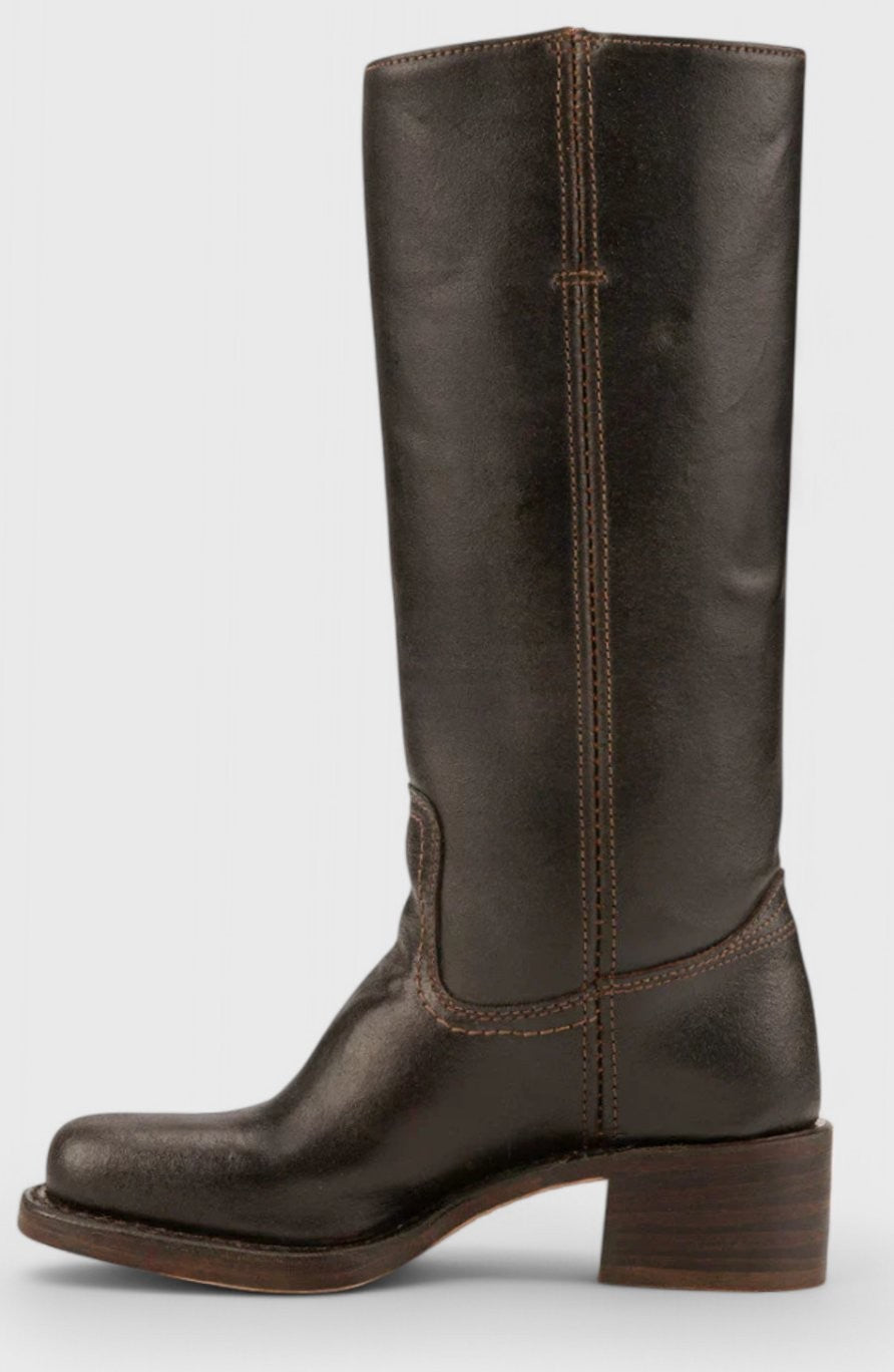 Side profile of dark chocolate leather knee-high boot with square toe