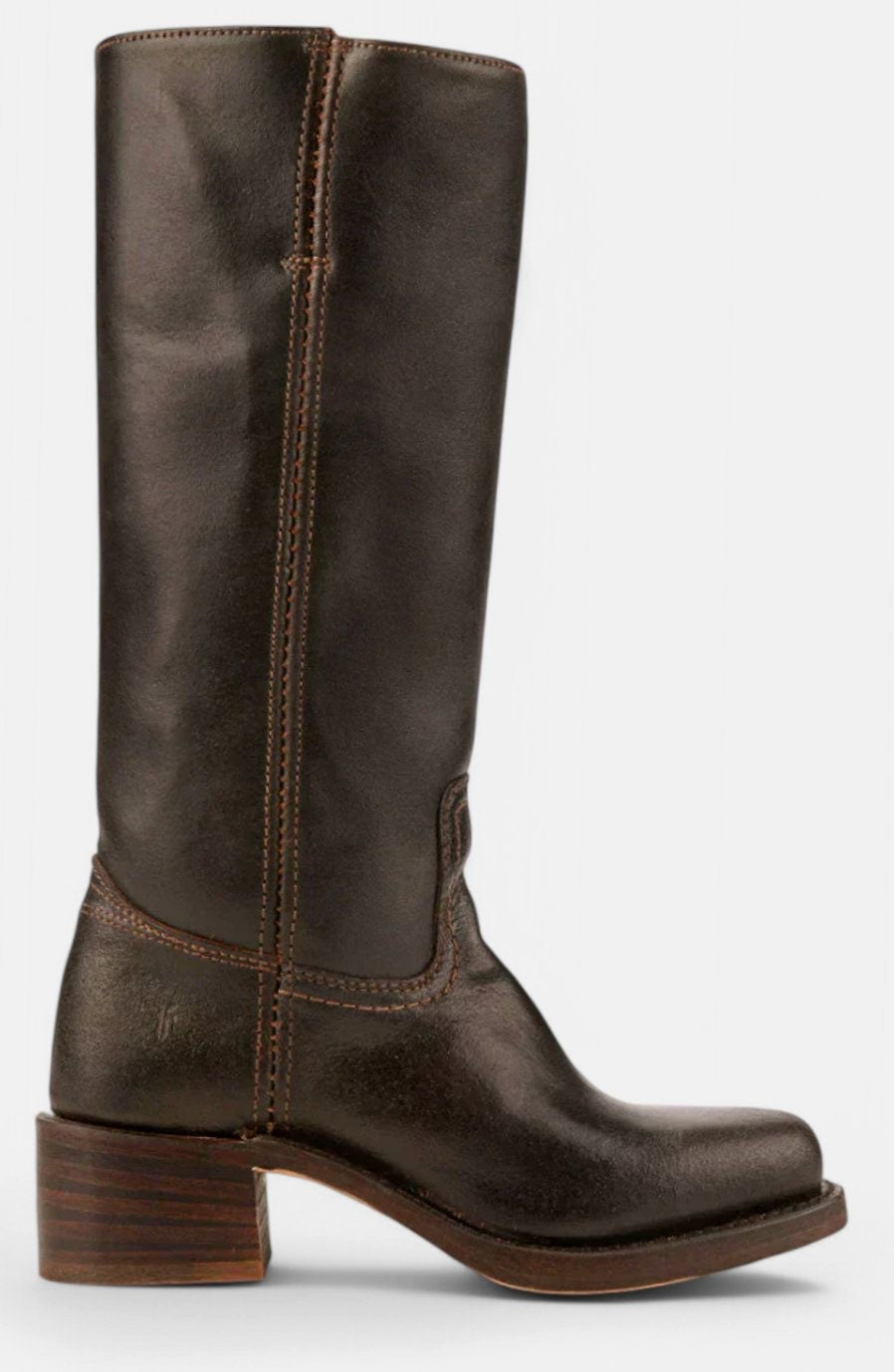 Side view of tan leather knee-high boot with wood-stacked heel