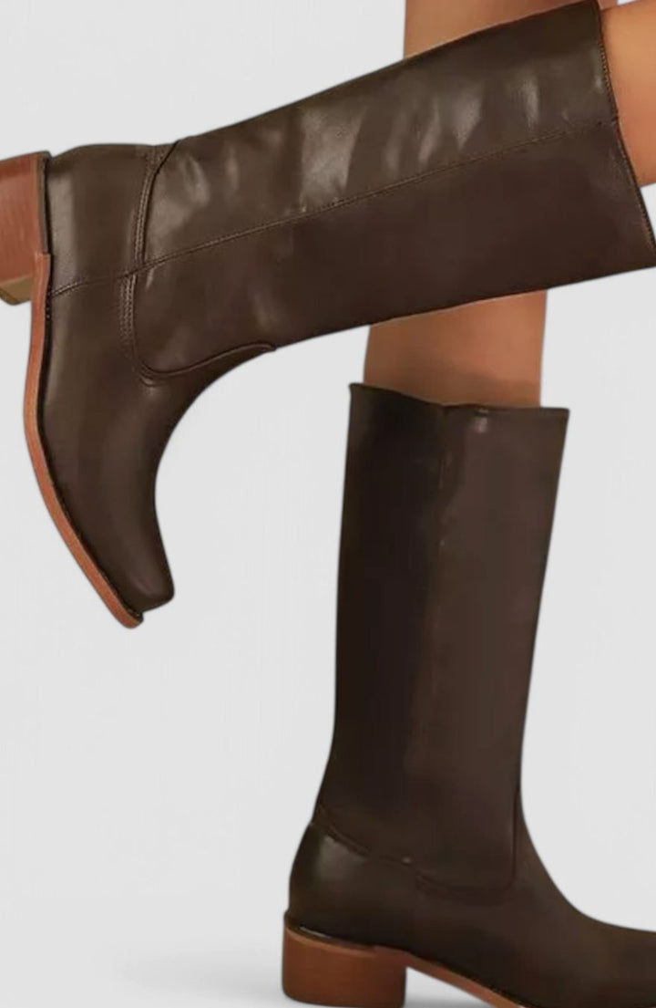Dark brown leather knee-high boots with square toe and stacked heel