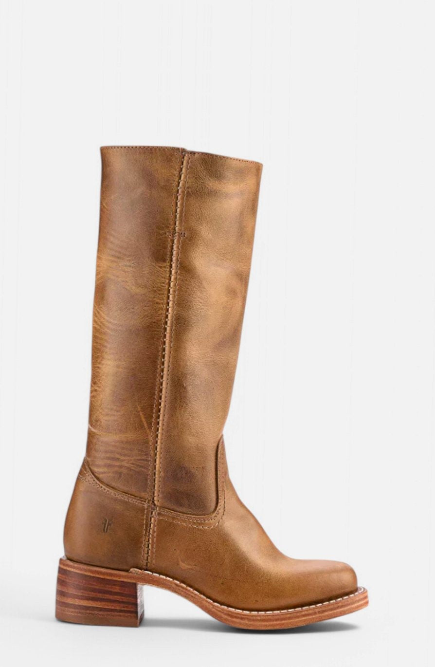 Front angle of cognac leather knee-high boot with square toe design