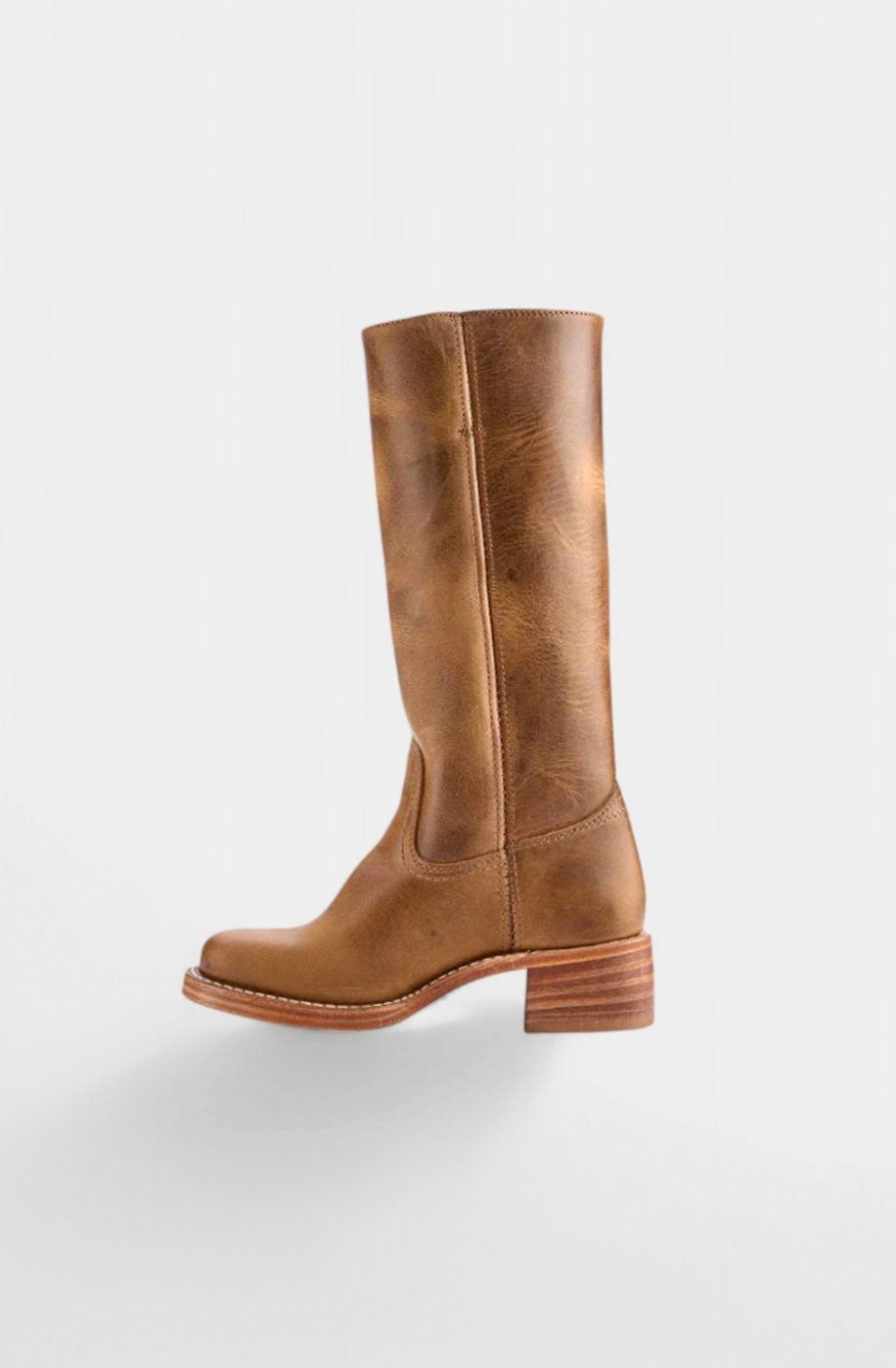 Back view of tan leather knee-high boot with stacked wooden heel