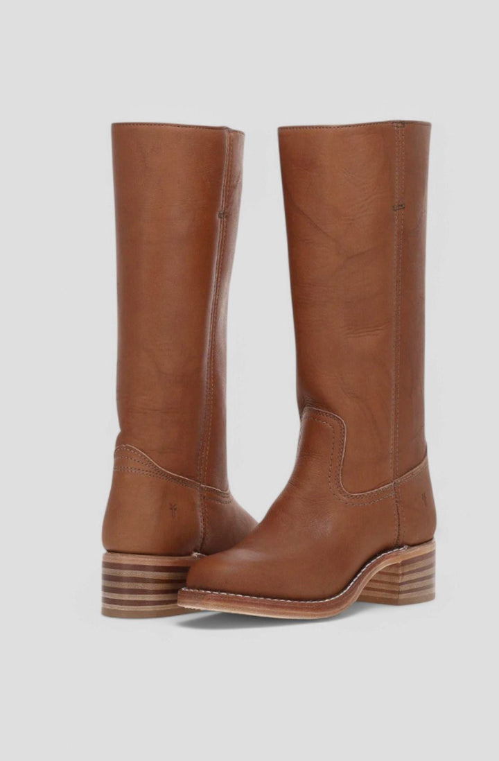 Tan leather knee-high boots with square toe and striped stacked heel