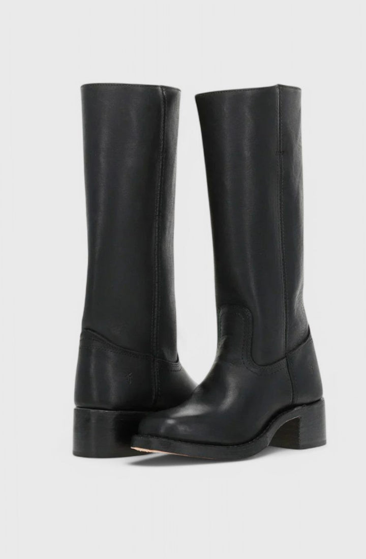 Black leather knee-high boots with square toe and stacked block heel