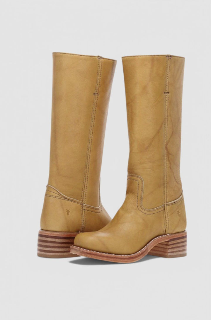 Camel leather knee-high boots featuring square toe and wood-stacked heel