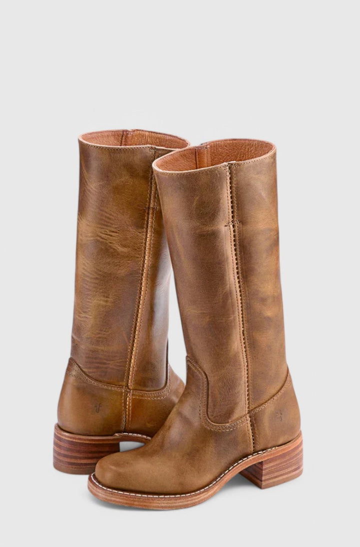 Weathered brown leather knee-high boots with stacked heel and square toe