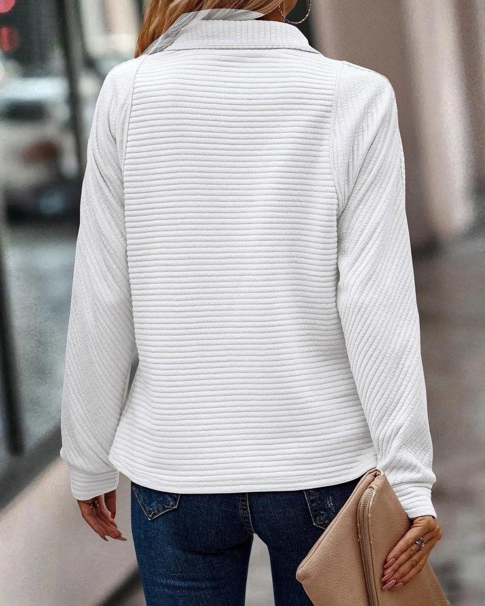 Back view of white ribbed quarter-zip pullover sweater with collar