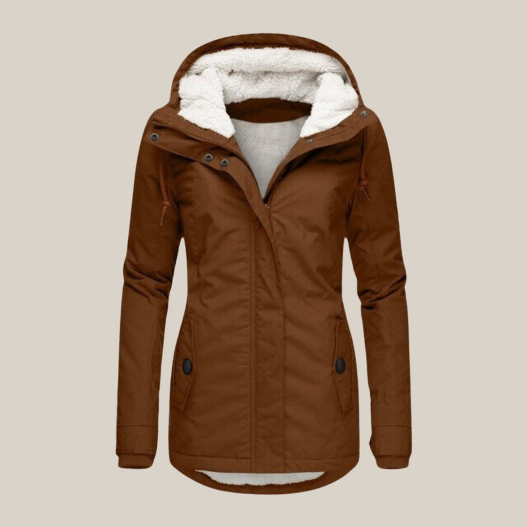 Brown hooded winter coat with sherpa fleece lining and flap pockets