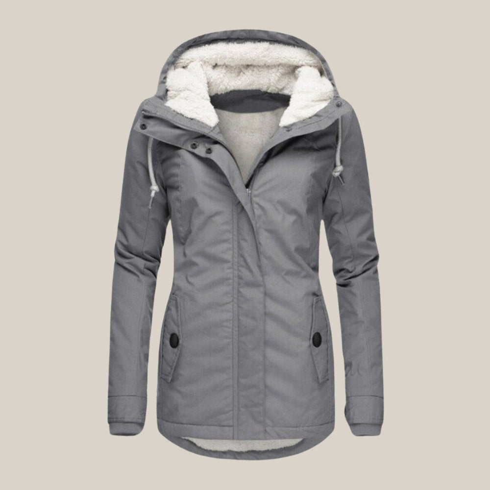 Gray fleece-lined hooded jacket with sherpa trim and drawstring hood