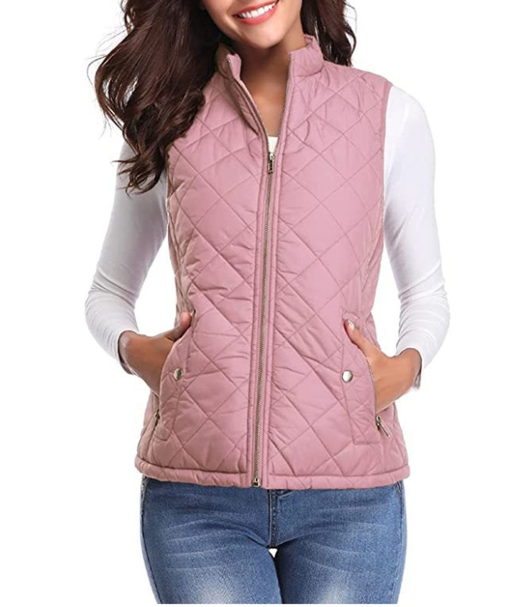 dusty pink quilted puffer vest with stand collar and zip pockets