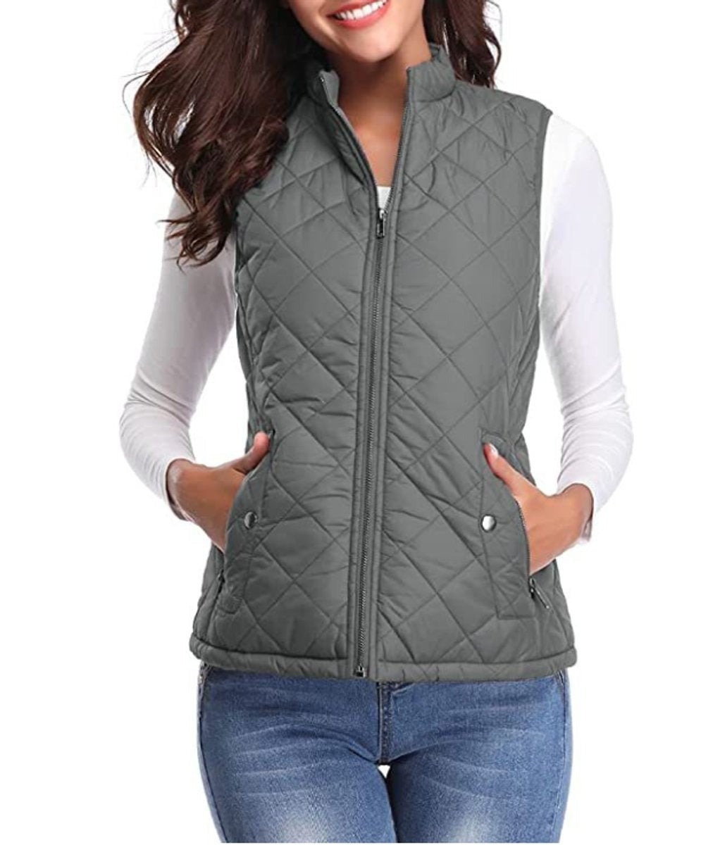 gray quilted zip-up vest with snap-button pocket details