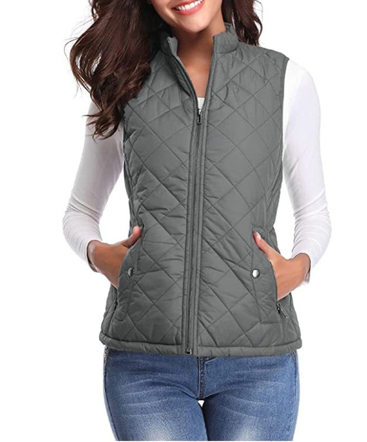 gray quilted zip-up vest with snap-button pocket details