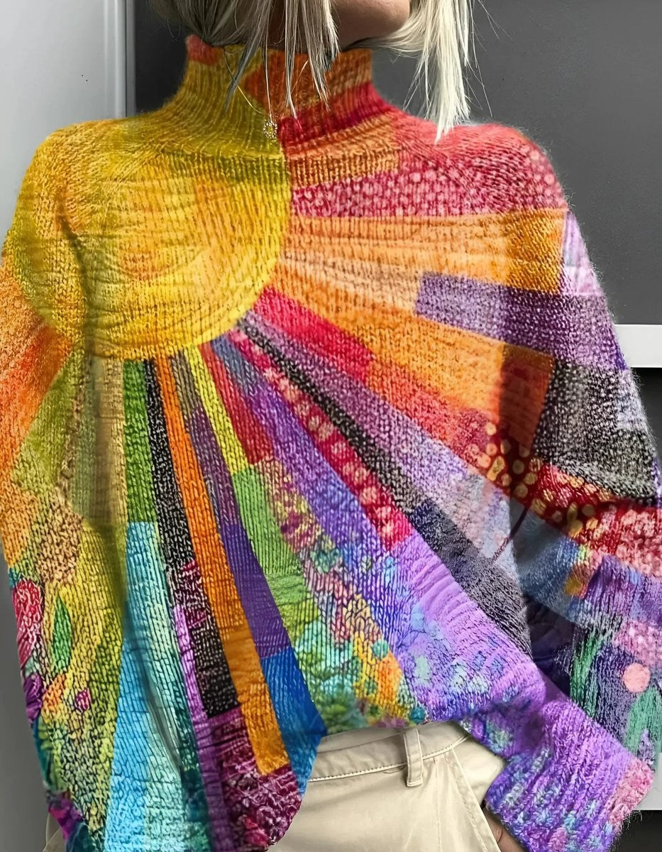 Multicolor rainbow turtleneck knit sweater with sunburst pattern, back view