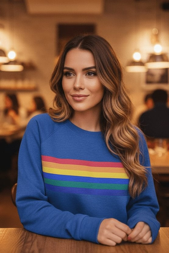 Blue crewneck sweatshirt with rainbow stripe design, paired with denim at a cafe table