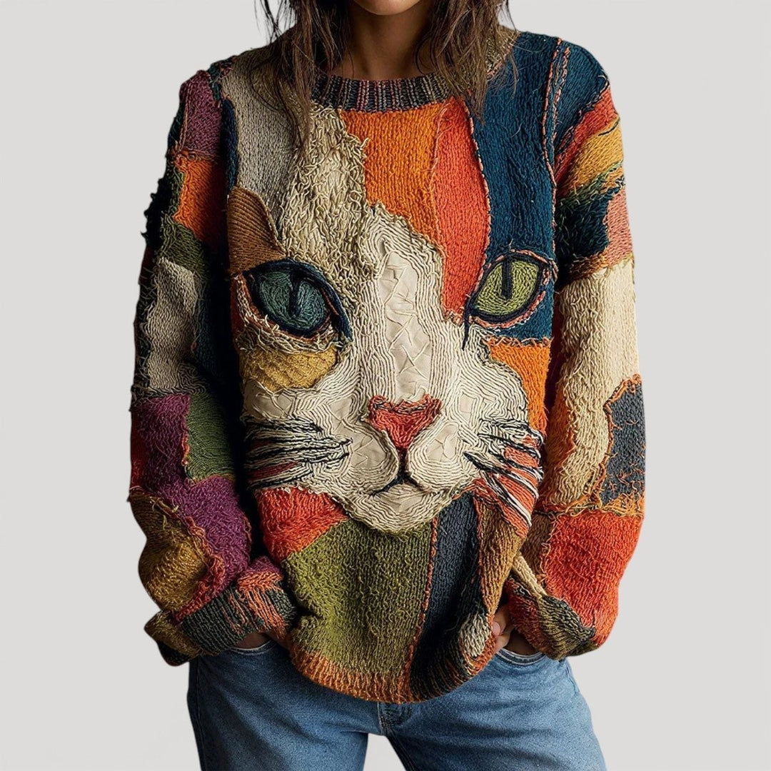 Multicolor knit sweater with textured cat face embroidery, crew neckline