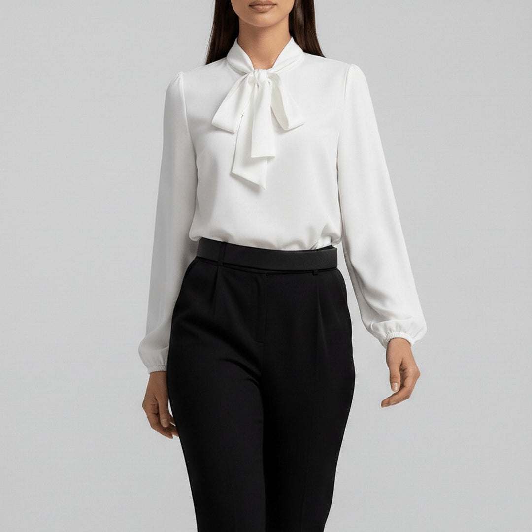 ivory bow-tie neck blouse with long sleeves and elastic cuff detail