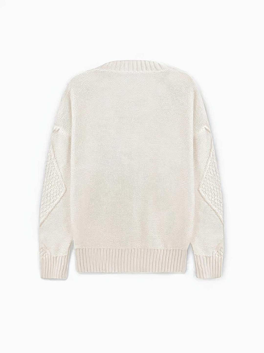 Back view of white cable-knit cardigan with ribbed hem and cuffs