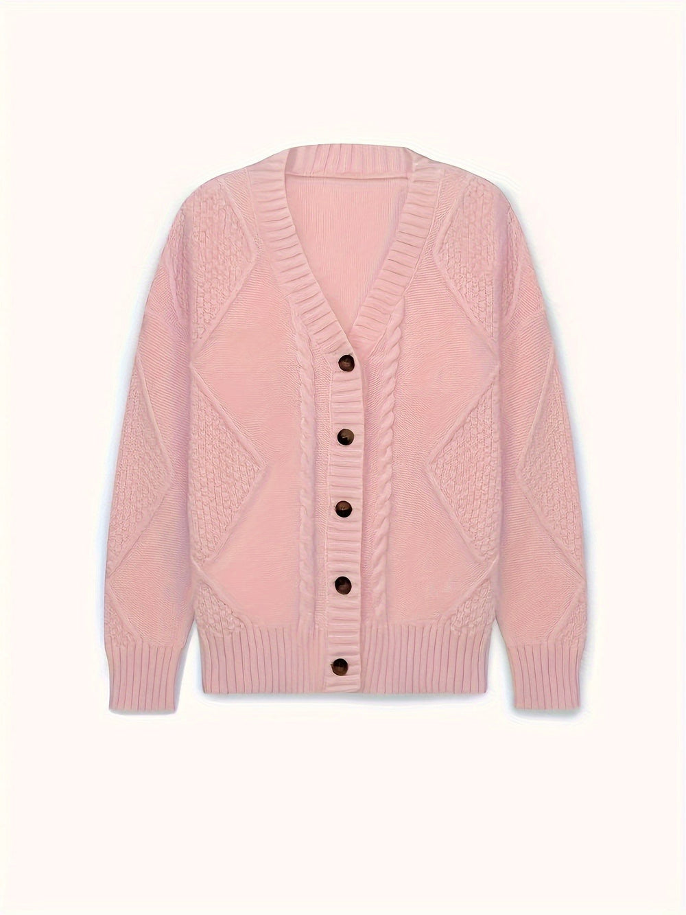 Flat lay of pink cable-knit button-front cardigan sweater