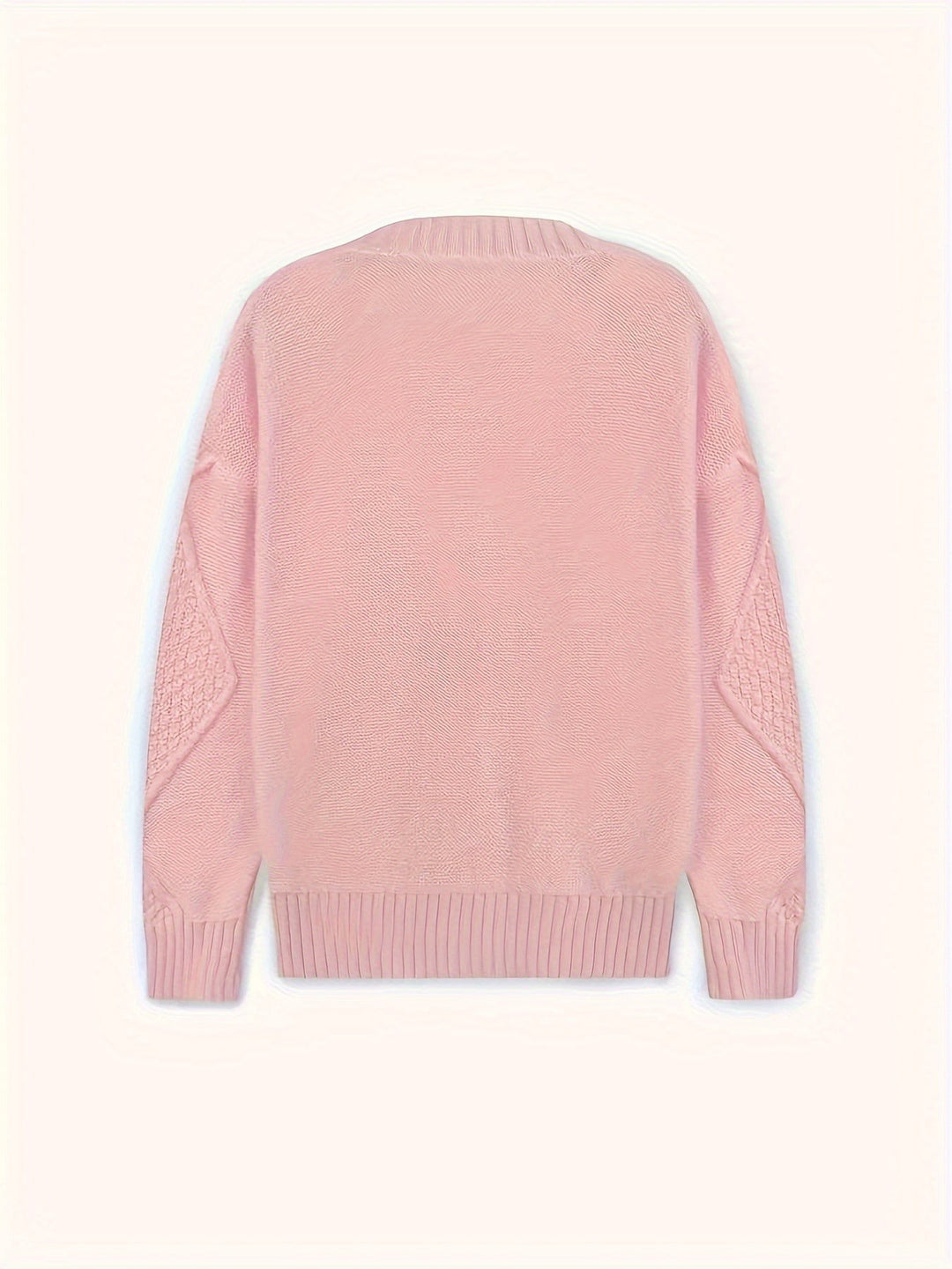 Back view of pink cable-knit cardigan with ribbed cuffs and hem