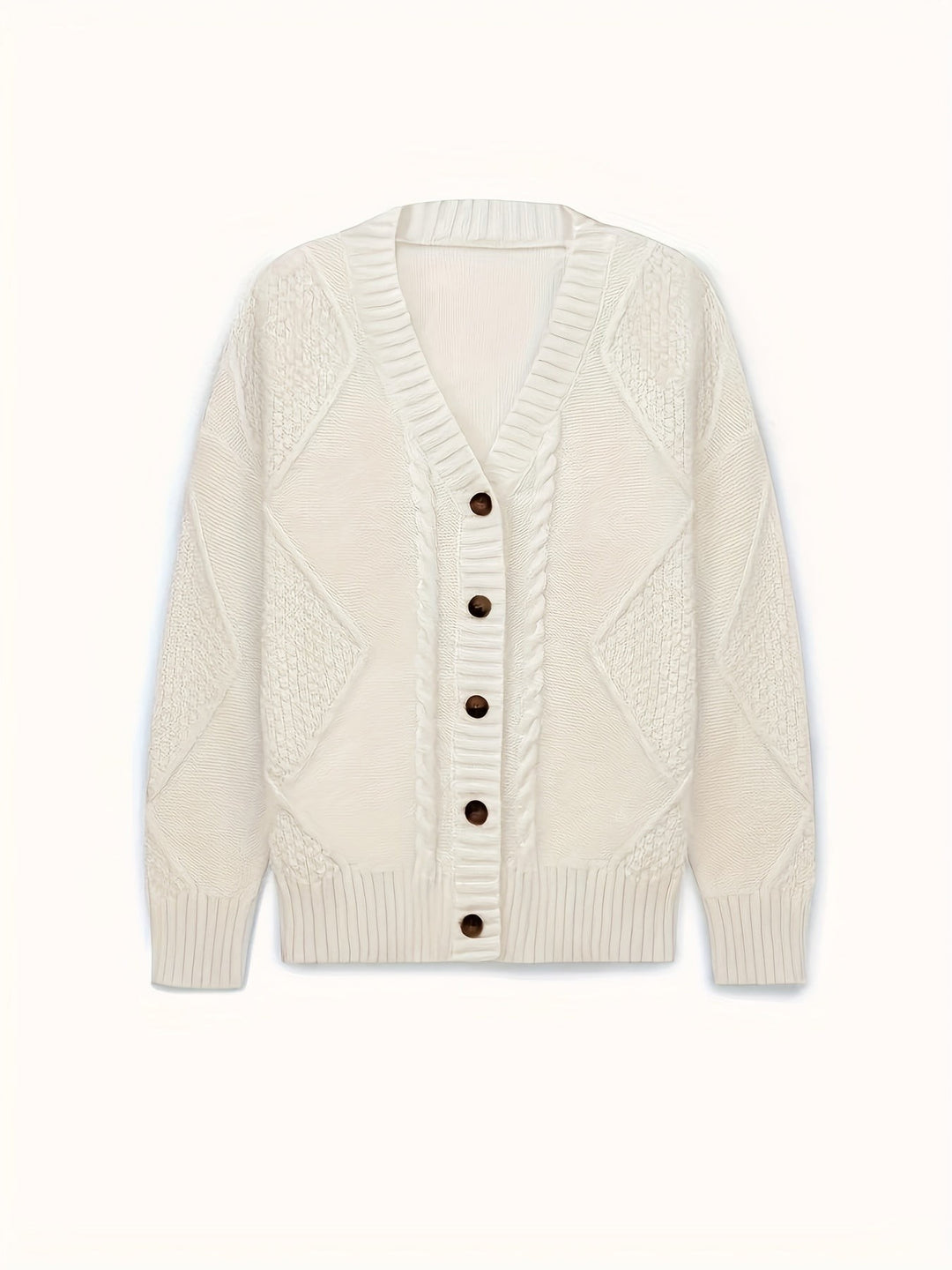 Flat lay of white cable-knit cardigan with textured diamond pattern