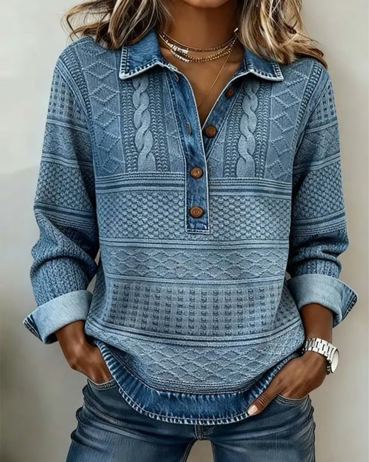 Blue cable-knit half-button sweater with denim collar and cuffs