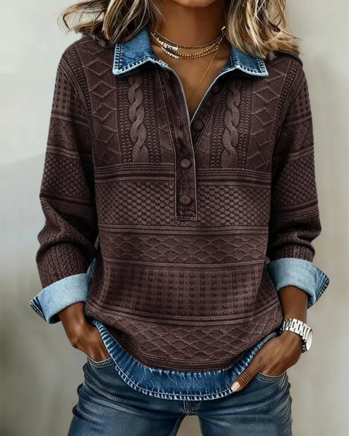 Brown cable-knit half-button sweater with denim collar accent