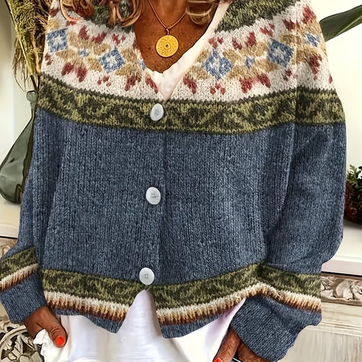 Blue color-block cardigan with Fair Isle knit yoke and button front