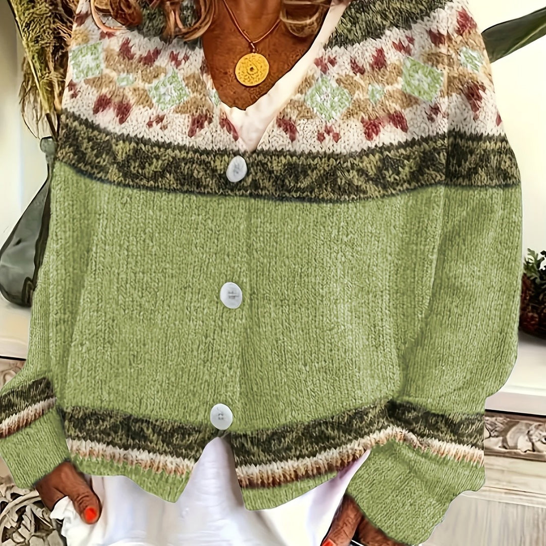 Sage green color-block cardigan with Fair Isle knit yoke and buttons