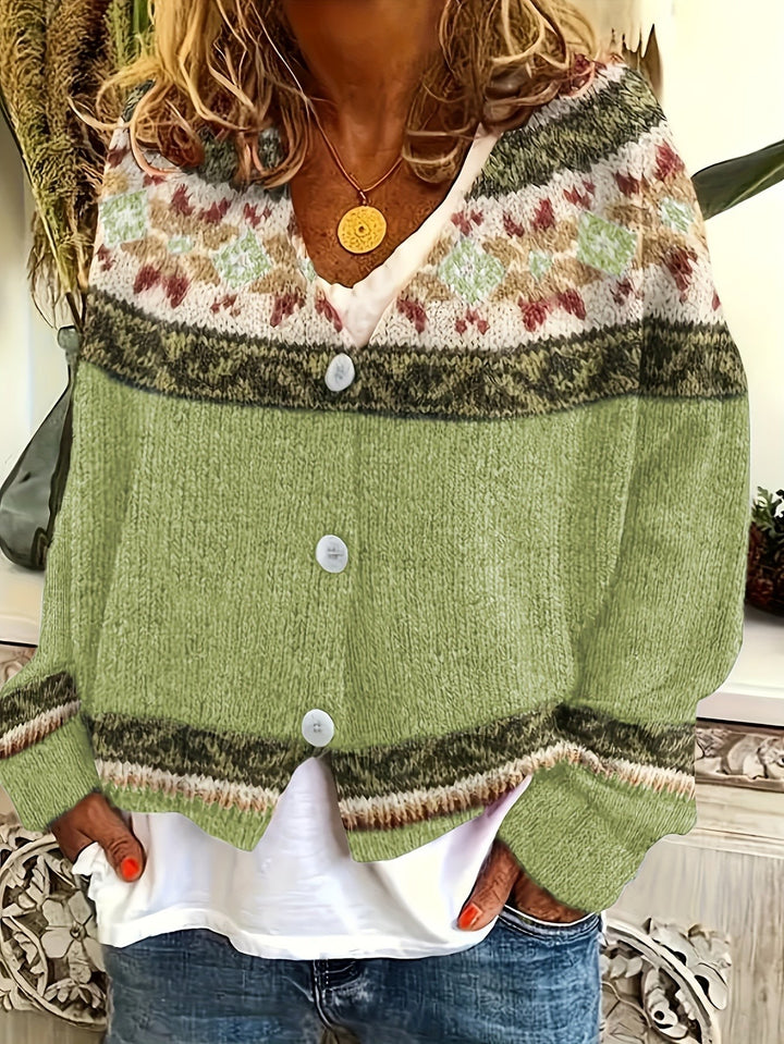 Sage green Fair Isle cardigan worn with denim shorts and white top