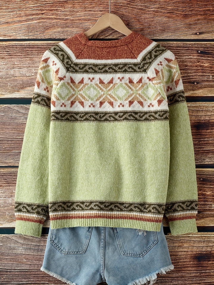 Sage green Fair Isle cardigan back view on wooden hanger