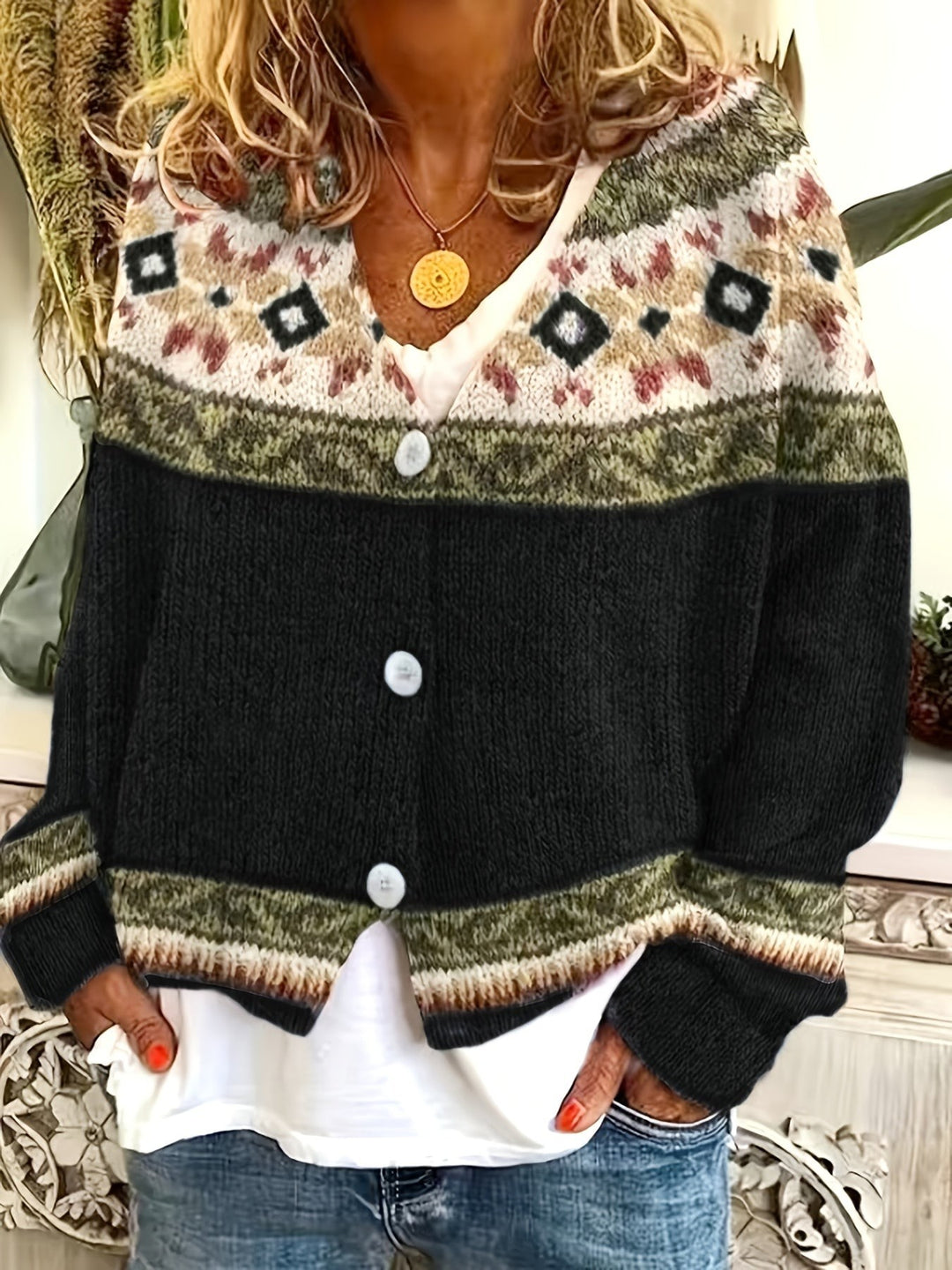 Black color-block cardigan with Fair Isle knit yoke and button front