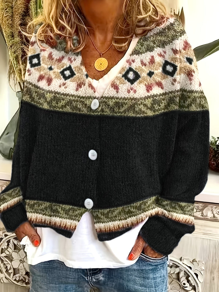 Black color-block cardigan with Fair Isle knit yoke and button front