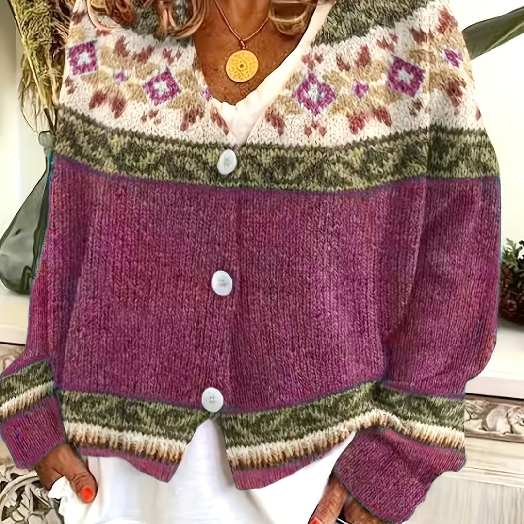 Magenta color-block cardigan with Fair Isle knit yoke and button front