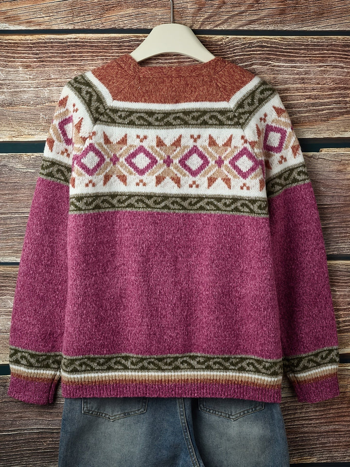 Magenta Fair Isle cardigan back view showing rust shoulder detail