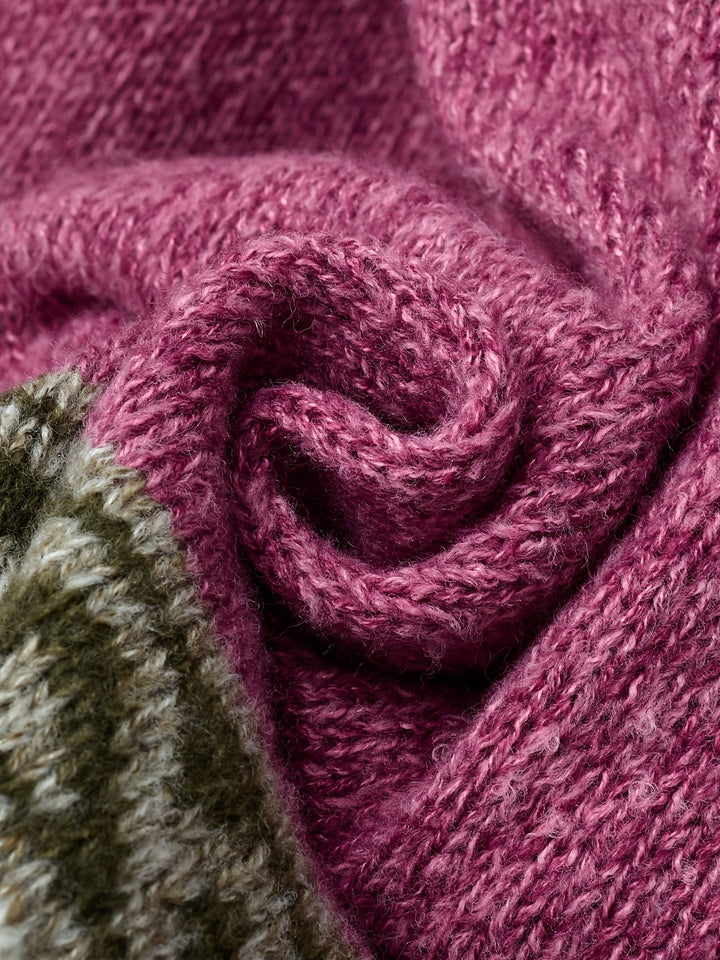 Purple color-block cardigan with Fair Isle knit yoke and button front
